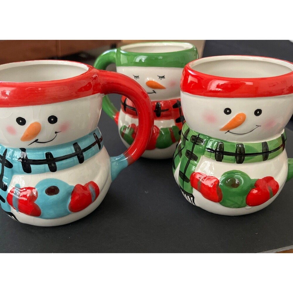 Bay Island Snowman Figural Christmas Decorated Ceramic Coffee Mugs Set of 3